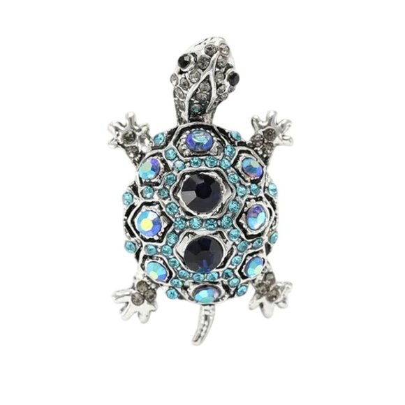 Crystal Turtle Brooch With Blue Iridescent Rhinestones Gold-Tone - Picture 1 of 2